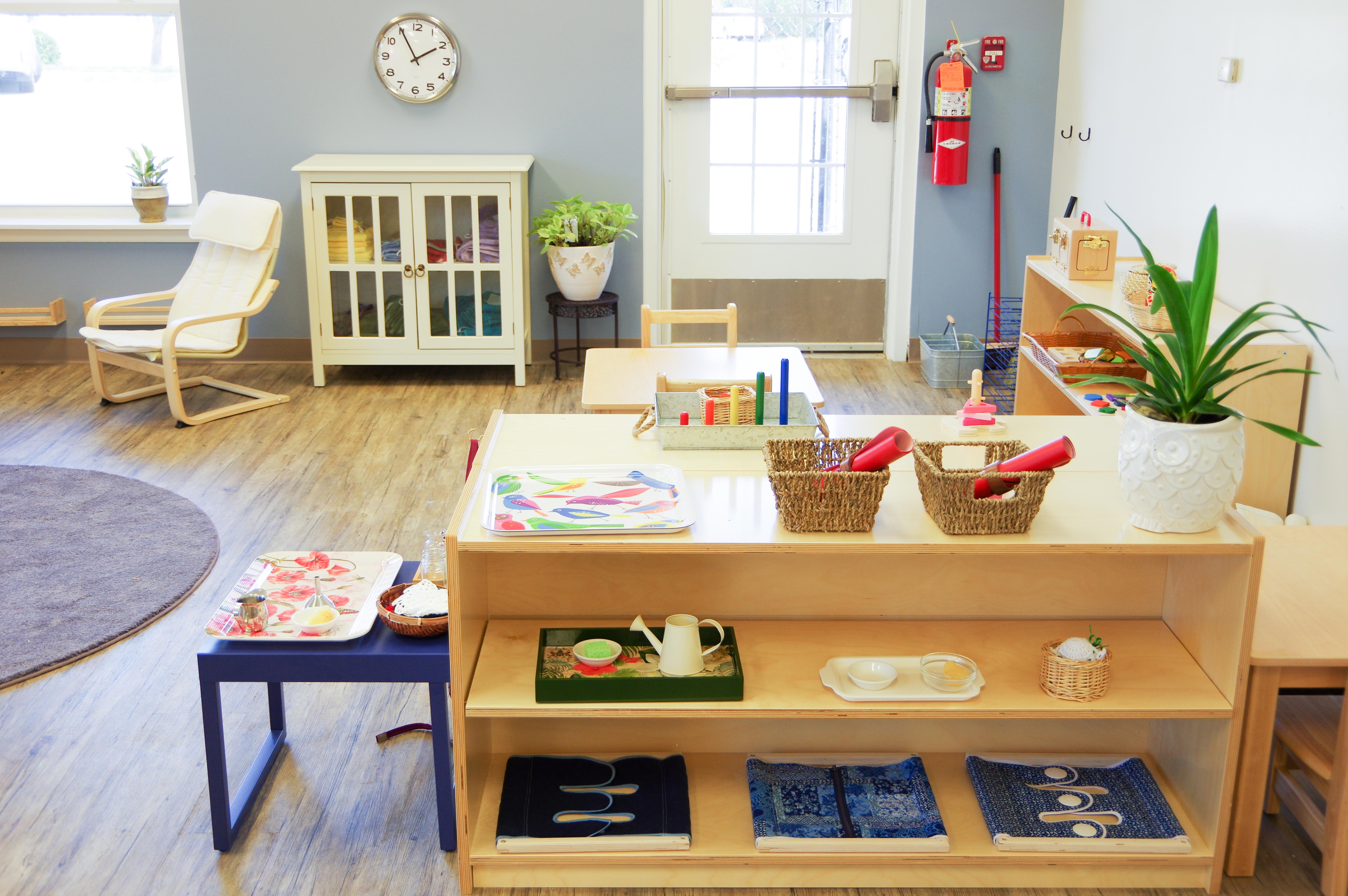 practical life activities on a shelf in a Guidepost Montessori classroom